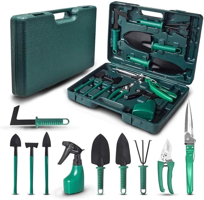 Kit de Jardinagem de 10 Peças com Maleta, Pás, Sacho, Tesoura, Foice - Jardim em Casa